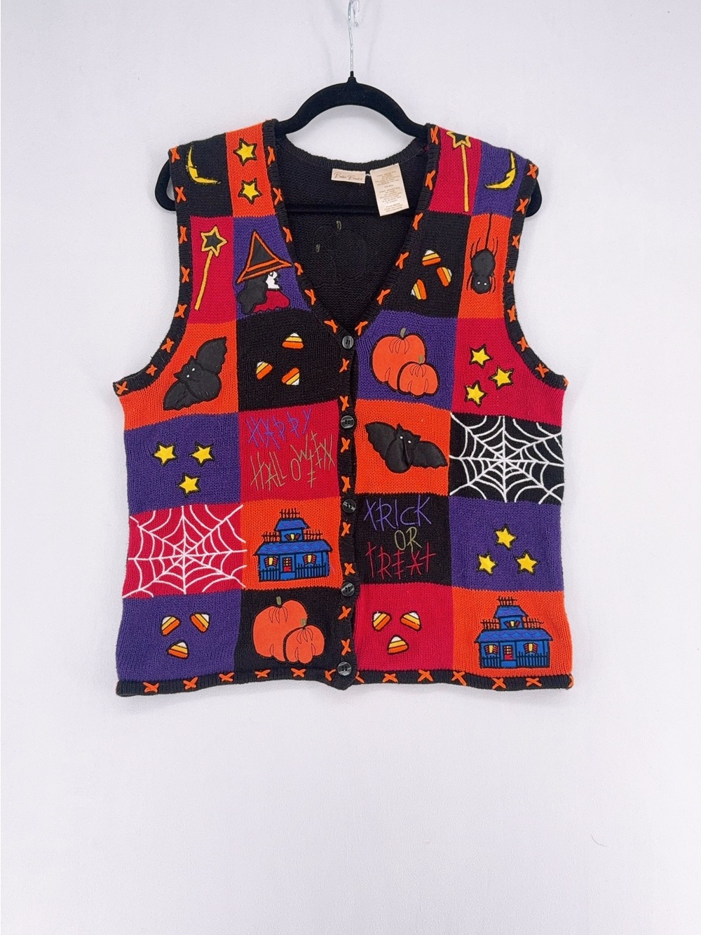 Vintage 90s Bobbie Brooks Halloween Patchwork Sweater Vest Black size M